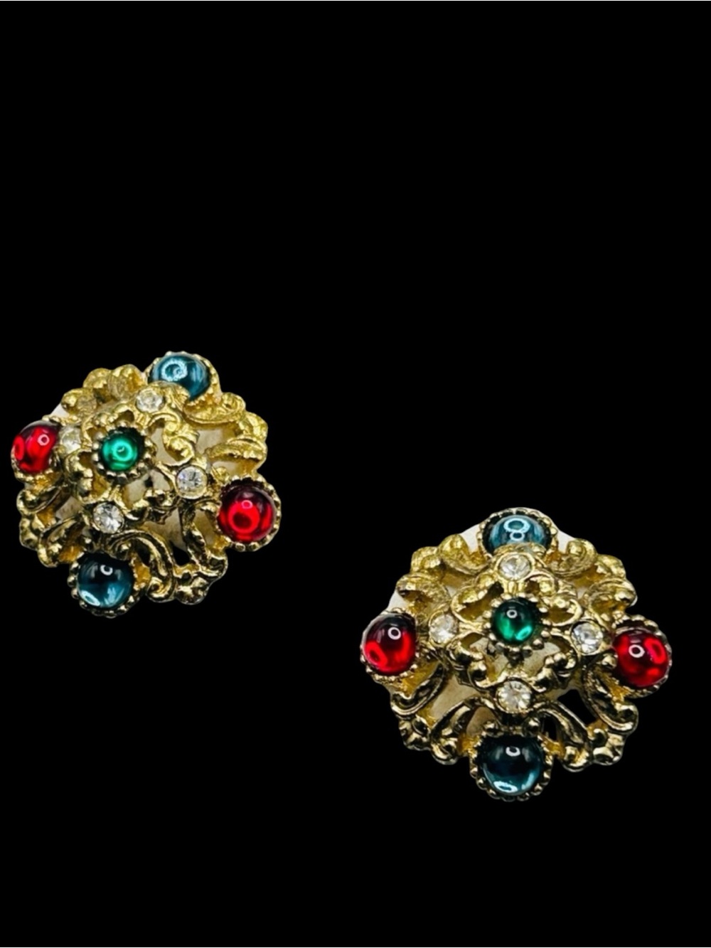 Vintage Jeweled Etruscan Style Clip Earrings
